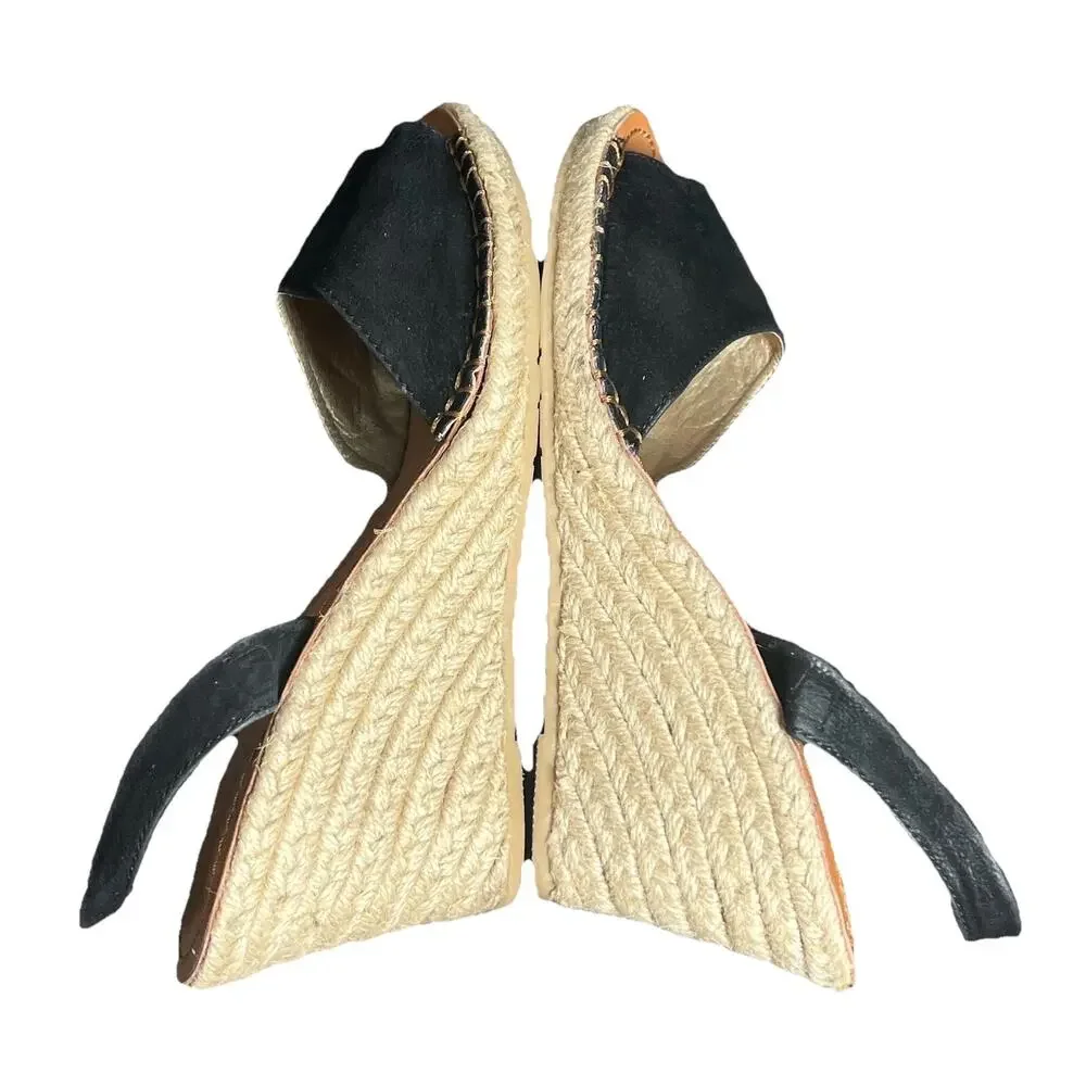 Makers Espadrille Wedge Sandals Womens 8 Black Sling Back Jute Boho Chic Summer